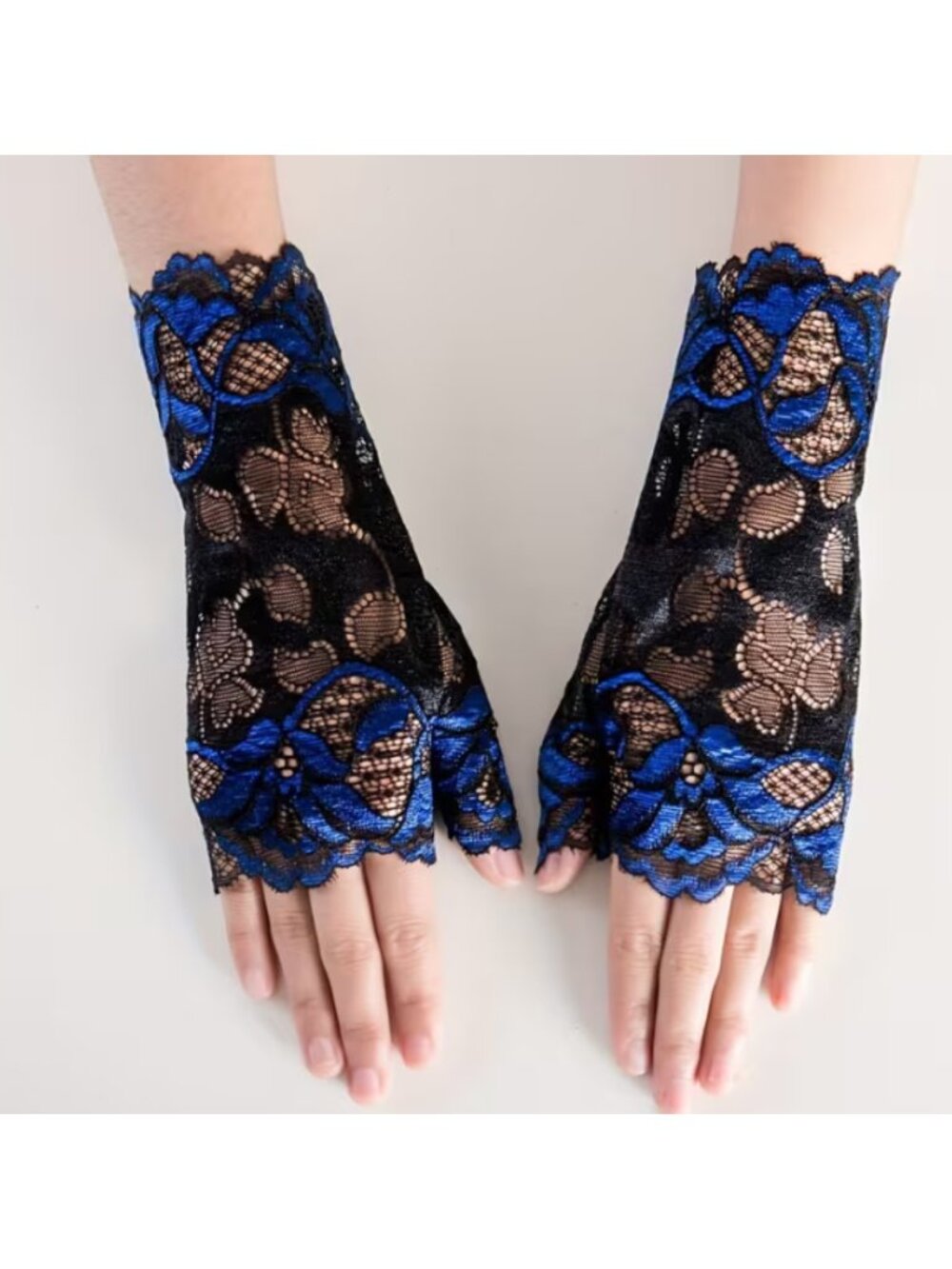 Elegant Black & Blue Floral Lace Fingerless Gloves – Sexy Sheer Mesh Half-Finger
